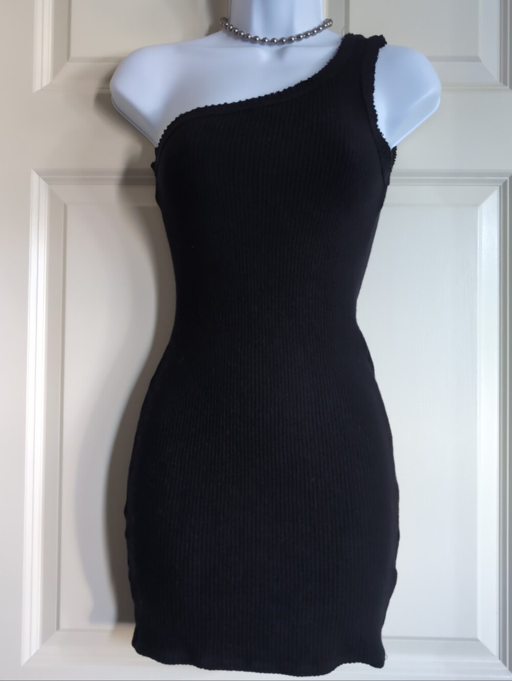 Black one shoulder UO bodycon mini dress ribbed 95% cotton 5% spandex raw hem